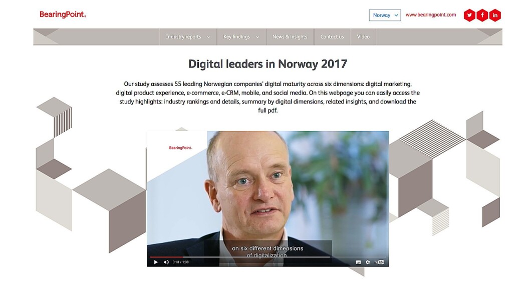 BearingPoint presenterer undersøkelsen av norske virksomheters digitale modenhet på sine nettsider (skjermdump). BearingPoint presenterer undersøkelsen av norske virksomheters digitale modenhet på sine nettsider (skjermdump).