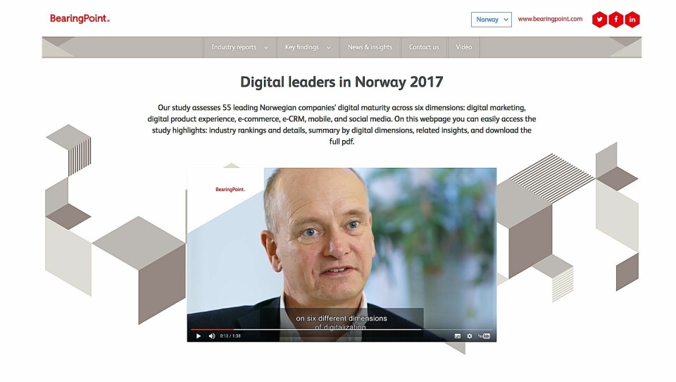 BearingPoint presenterer undersøkelsen av norske virksomheters digitale modenhet på sine nettsider (skjermdump).