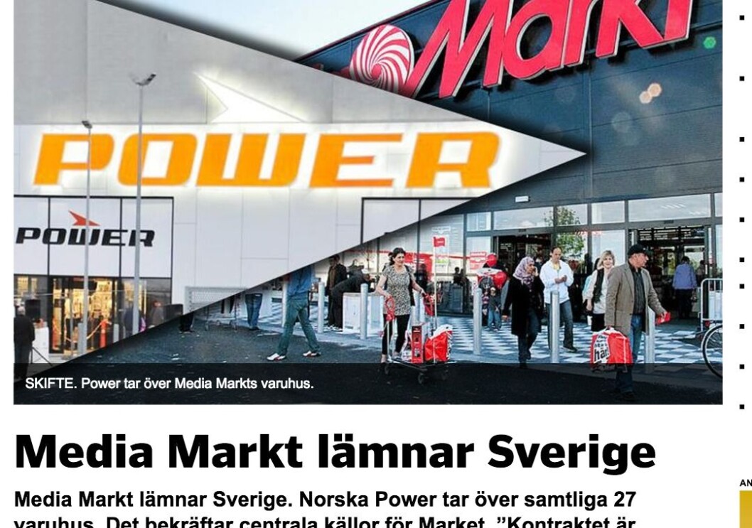 «Market avslöjar» heter det på Market.se når de skriver at norske Power tar over de 27 varehusene til Media Markt. Skjermdump. «Market avslöjar» heter det på Market.se når de skriver at norske Power tar over de 27 varehusene til Media Markt. Skjermdump.