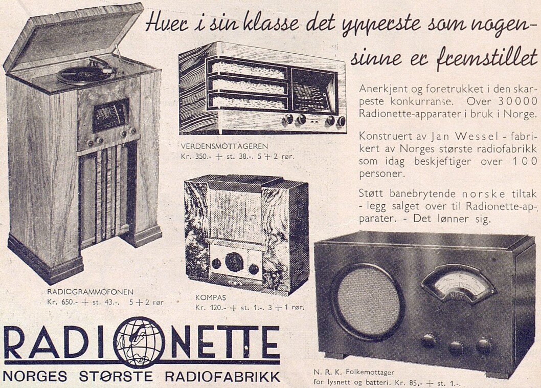Radionette annonserte i første utgave av Radiohandleren, nr. 1/1937, som kom ut måneden før Kong Harald ble født. Radionette annonserte i første utgave av Radiohandleren, nr. 1/1937, som kom ut måneden før Kong Harald ble født.