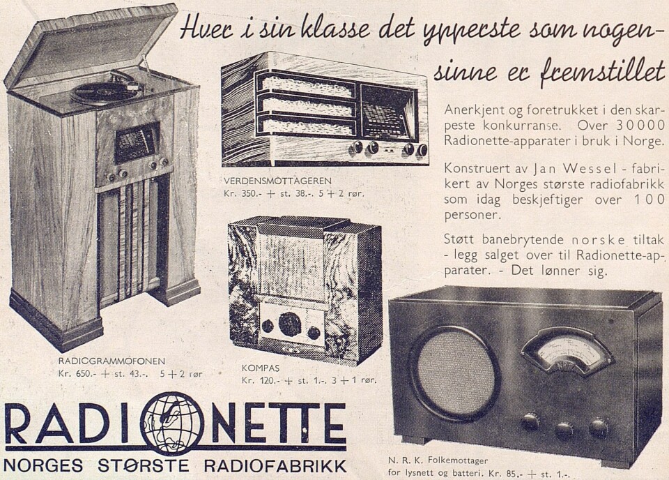 Radionette annonserte i første utgave av Radiohandleren, nr. 1/1937, som kom ut måneden før Kong Harald ble født.
