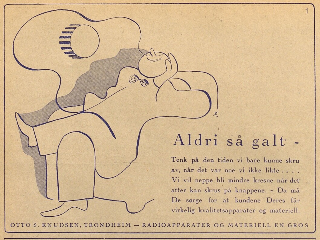 Otto S. Knudsens annonse i nr. 3/1943, to år etter bestemmelsen kom om at det kun var NS-medlemmer som fikk ha radio. Otto S. Knudsens annonse i nr. 3/1943, to år etter bestemmelsen kom om at det kun var NS-medlemmer som fikk ha radio.