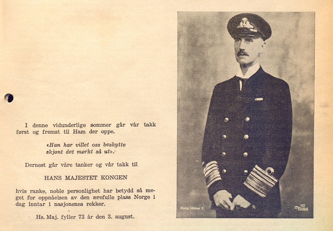 Denne hilsenen til Kong Håkon 7. sto i nr. 1/1945. Denne hilsenen til Kong Håkon 7. sto i nr. 1/1945.