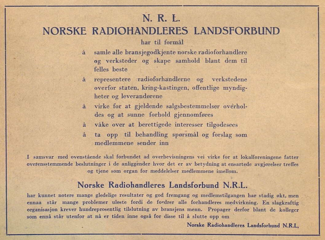Egenannonse for NRL i Radiohandleren nr. 1/1946. Egenannonse for NRL i Radiohandleren nr. 1/1946.