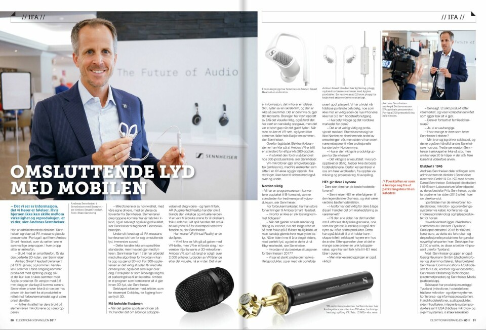 Les intervjuet med Andreas Sennheiser i fagbladet Elektronikkbransjen nr. 3/2017.