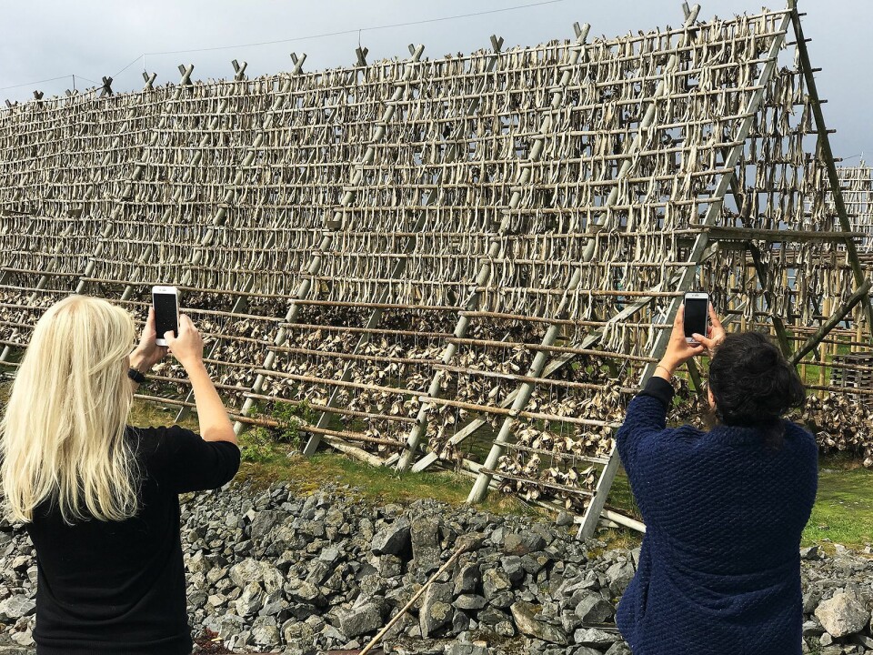 Et par av bloggerne benyttet anledningen til å fotografere noen av fiskehjellene i Henningsvær. Foto: Stian Sønsteng.