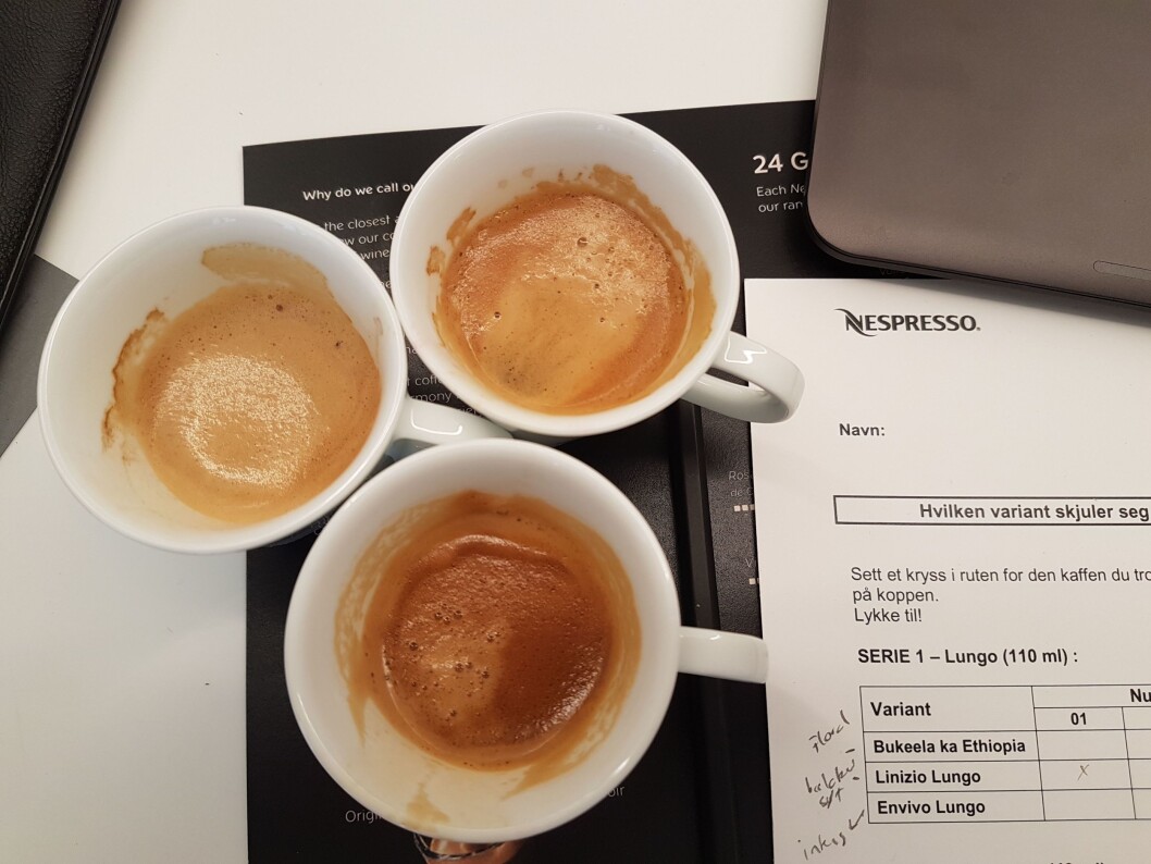 En smakstesting hos Nespresso involverer smaksnotater og ulike kaffetyper. Foto: Marte Ottemo En smakstesting hos Nespresso involverer smaksnotater og ulike kaffetyper. Foto: Marte Ottemo