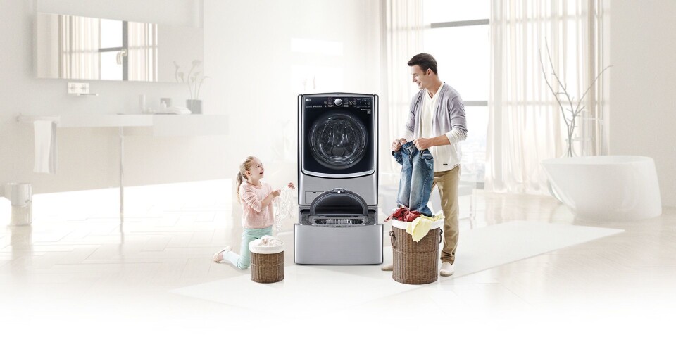 LGs TwinWash-maskin har to separate tromler, som lar deg vaske ulikt tøy samtidig. Foto: LG
