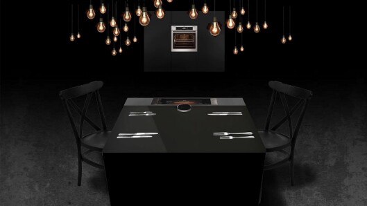 Designskisse for AEGs arrangement hos Flying Culinary Circus. Gjestene kan med kontrollhjulet på bordet selv stille inn ønsket kjernetemperatur.. Designskisse for AEGs arrangement hos Flying Culinary Circus. Gjestene kan med kontrollhjulet på bordet selv stille inn ønsket kjernetemperatur..