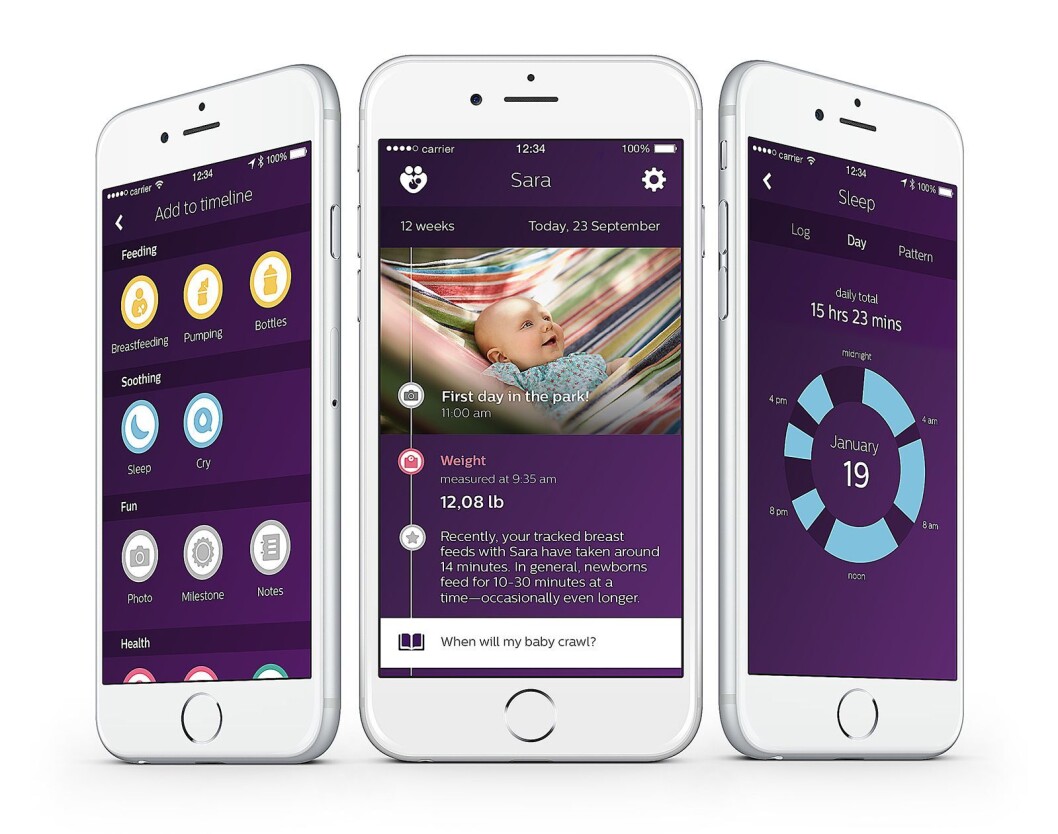 Philips’ uGrow-app registrerer data fra ulike produkter, og kan også brukes til å følge barnets utvikling med bilder og tekst. Philips’ uGrow-app registrerer data fra ulike produkter, og kan også brukes til å følge barnets utvikling med bilder og tekst.
