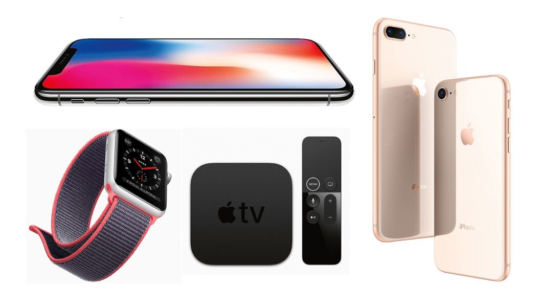 Apple Watch 3, iPhone X, Apple TV 4K, iPhone 8 Plus og iPhone 8. Foto: Apple Apple Watch 3, iPhone X, Apple TV 4K, iPhone 8 Plus og iPhone 8. Foto: Apple