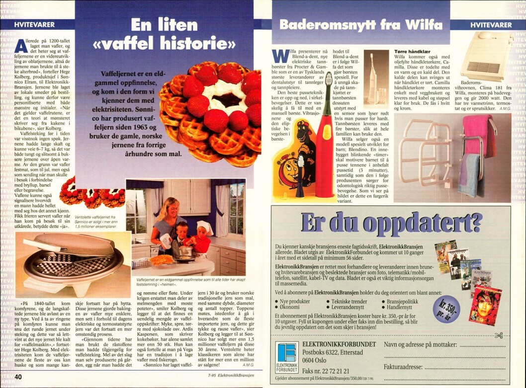 I fagbladet Elektronikkbransjen nr. 7/1995 forteller produktsjef Hege Kolberg i Sønnico Elram at selskapet har produsert vaffeljern siden 1963. I fagbladet Elektronikkbransjen nr. 7/1995 forteller produktsjef Hege Kolberg i Sønnico Elram at selskapet har produsert vaffeljern siden 1963.