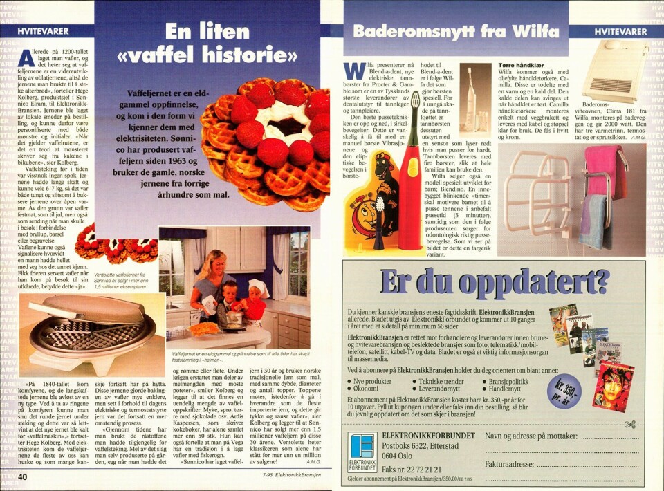 I fagbladet Elektronikkbransjen nr. 7/1995 forteller produktsjef Hege Kolberg i Sønnico Elram at selskapet har produsert vaffeljern siden 1963.