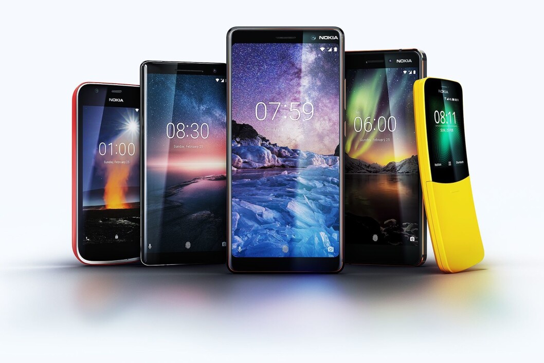 Nokia 1, Nokia Sirocco 8, Nokia 7 Plus, Nokia 6 og Nokia 8110 ble alle lansert under årets Mobile World Congress. Foto: Nokia Nokia 1, Nokia Sirocco 8, Nokia 7 Plus, Nokia 6 og Nokia 8110 ble alle lansert under årets Mobile World Congress. Foto: Nokia