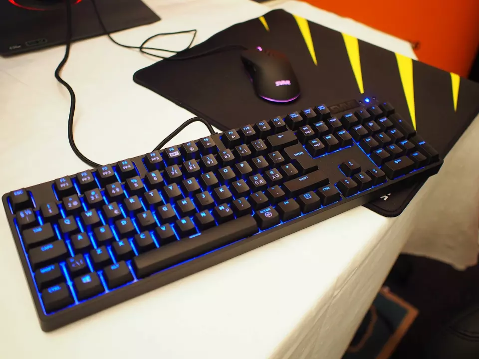 Spilltastatur og mus fra Itegra har lys i forskjellige farger. Foto: Jan Røsholm.
