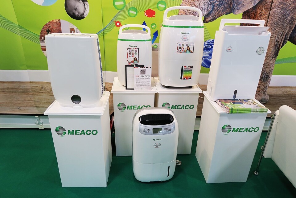 F. v. Meaco DD8L Standard med tørkerotor (4.000,-). Så to modeller med kompressor og hepa-filter; Meaco 12L Platinum (3.700,-) og Meaco 20L Platinum (5.000,-). Meaco DD8L Zambezi (4.900,-) med tørkerotor. I forkant: Meaco 25L Platinum, med kompressoravfukter (6.500,-). Foto: Cathrine Pedersen