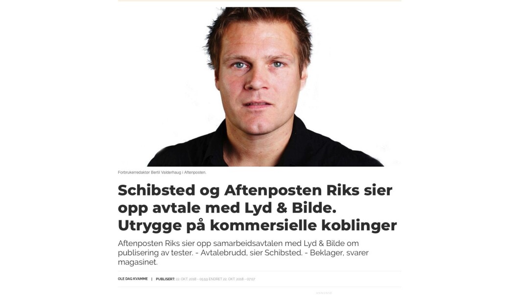 I dagens artikkel på Medier24 sier forbrukerredaktør Bertil Valderhaug i Aftenposten Riks at de sier opp samarbeidsavtalen med Lyd & Bilde om publisering av tester. Skjermdump fra medier24.no I dagens artikkel på Medier24 sier forbrukerredaktør Bertil Valderhaug i Aftenposten Riks at de sier opp samarbeidsavtalen med Lyd & Bilde om publisering av tester. Skjermdump fra medier24.no
