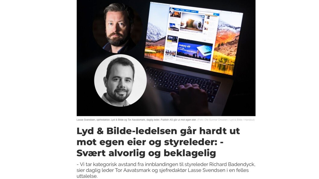 I går tok daglig leder Tor Aavatsmark (nederst) og sjefredaktør Lasse Svendsen i en felles uttalelse avstand fra innblandingen til styreleder Richard Badendyck. Skjermdump fra medier24.no. I går tok daglig leder Tor Aavatsmark (nederst) og sjefredaktør Lasse Svendsen i en felles uttalelse avstand fra innblandingen til styreleder Richard Badendyck. Skjermdump fra medier24.no.