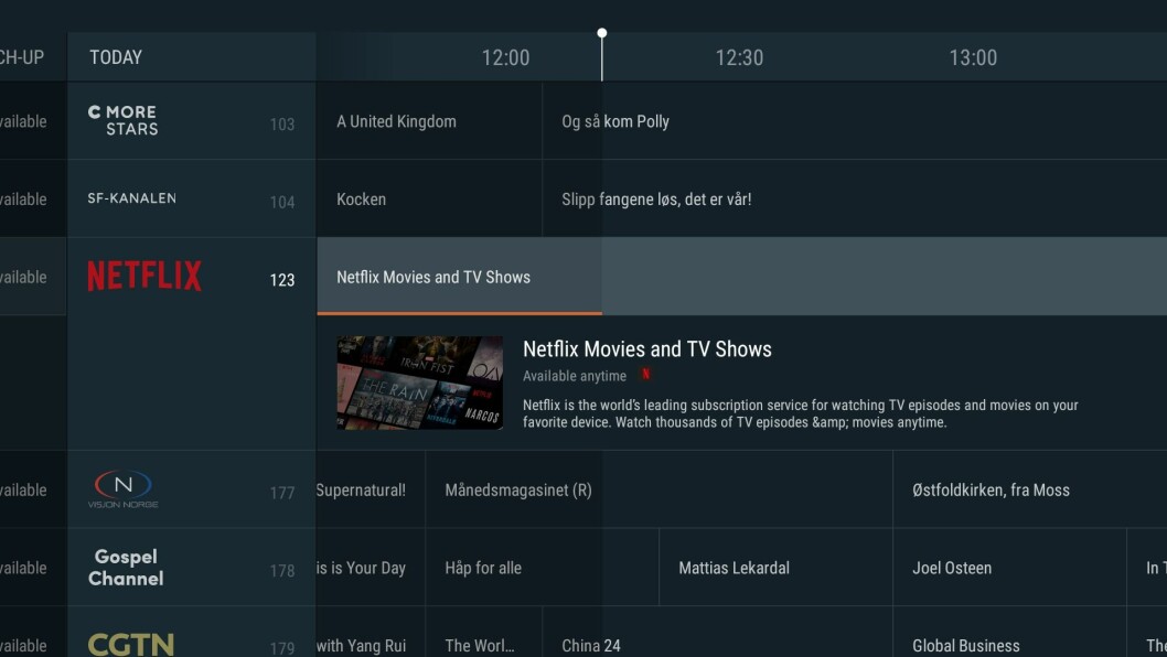 Netflix dukker også opp i TV-guiden, og man kan også taste «123» for å starte appen. Skjermdump: Canal Digital