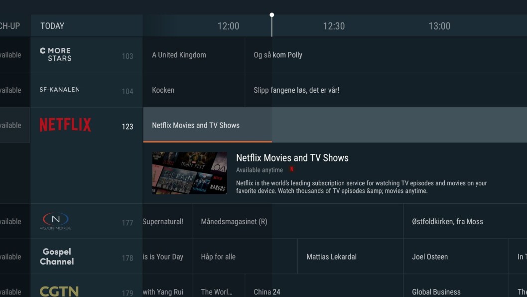 Netflix dukker også opp i TV-guiden, og man kan også taste «123» for å starte appen. Skjermdump: Canal Digital Netflix dukker også opp i TV-guiden, og man kan også taste «123» for å starte appen. Skjermdump: Canal Digital
