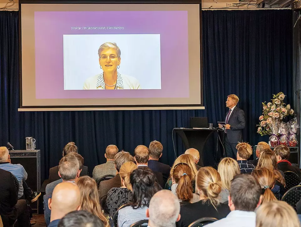 Ellen Hambro, leder i Miljødirektoratet i Norge, var med på videolink under Norsirks konferanse. Foto: Norsirk/Simen Berg.