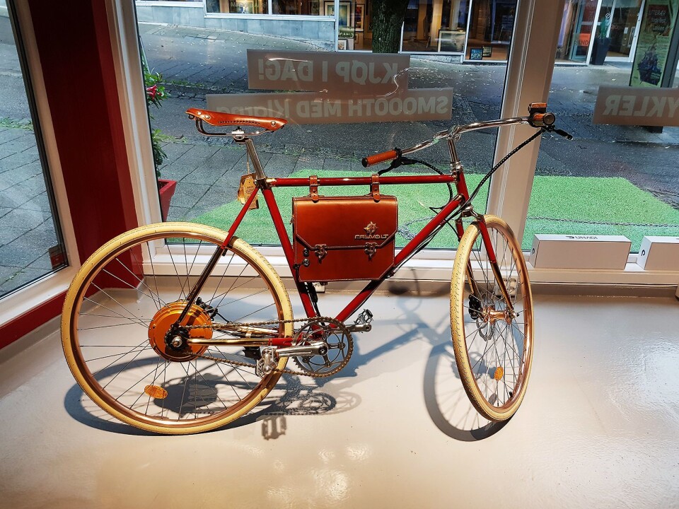 Den elektriske sykkelen fra Rayvolt har batteriet i en skinnveske. Foto: Jan Røsholm.