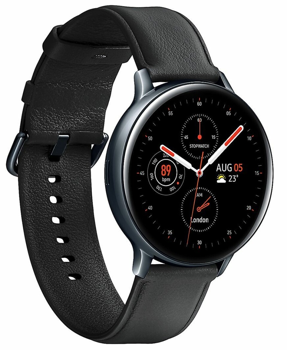 Galaxy Watch Active 2 har fått åtte fotodiode-sensorer for pulsmåling. Her er smartklokken i 44 mm størrelse. Foto: Samsung.