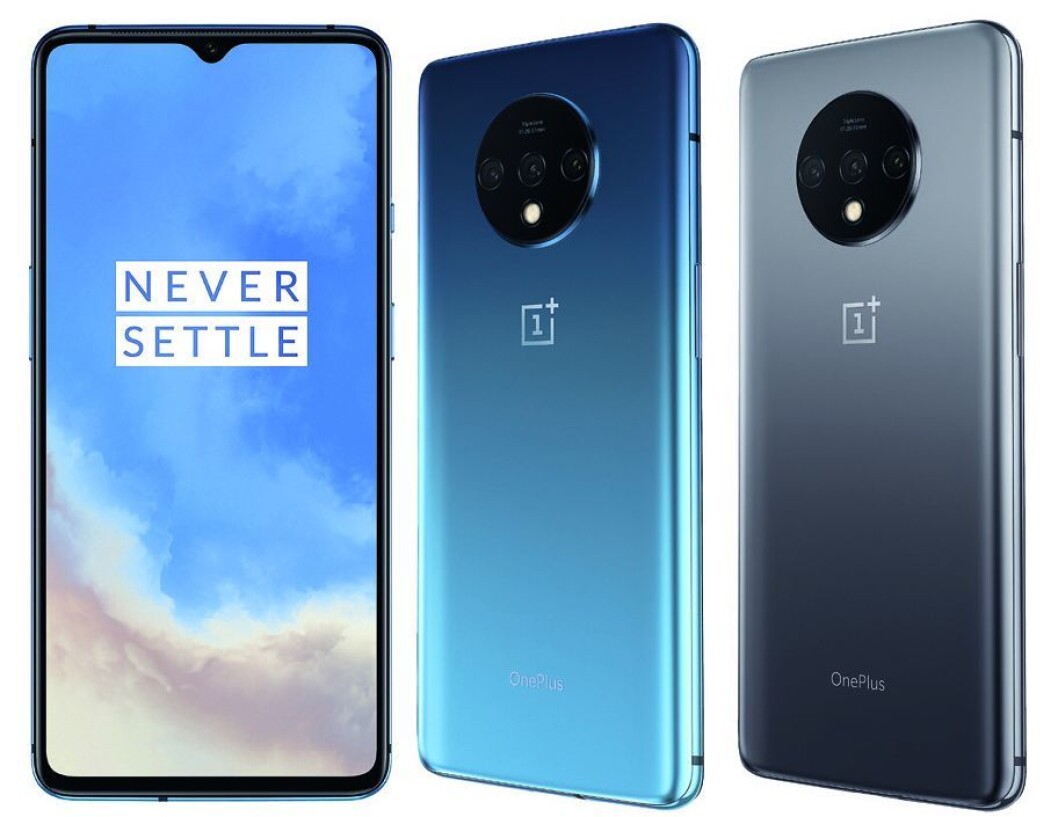 OnePlus 7T leveres med Android 10, har en 1080P 20:9-skjerm med 90 Hz på 6,55 tommer, lader fra null til 50 prosent på 20 minutter og har trippelkamera med nattmodus. Kommer i fargene Glacier Blue og Frosted Silver. Foto: OnePlus. OnePlus 7T leveres med Android 10, har en 1080P 20:9-skjerm med 90 Hz på 6,55 tommer, lader fra null til 50 prosent på 20 minutter og har trippelkamera med nattmodus. Kommer i fargene Glacier Blue og Frosted Silver. Foto: OnePlus.