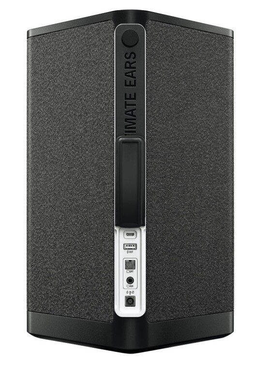 Ultimate Ears Hyperboom har inngang for 3,5 mm jack og optisk kabel, samt USB-utgang for lading av mobilen. Foto: Ultimate Ears. Ultimate Ears Hyperboom har inngang for 3,5 mm jack og optisk kabel, samt USB-utgang for lading av mobilen. Foto: Ultimate Ears.