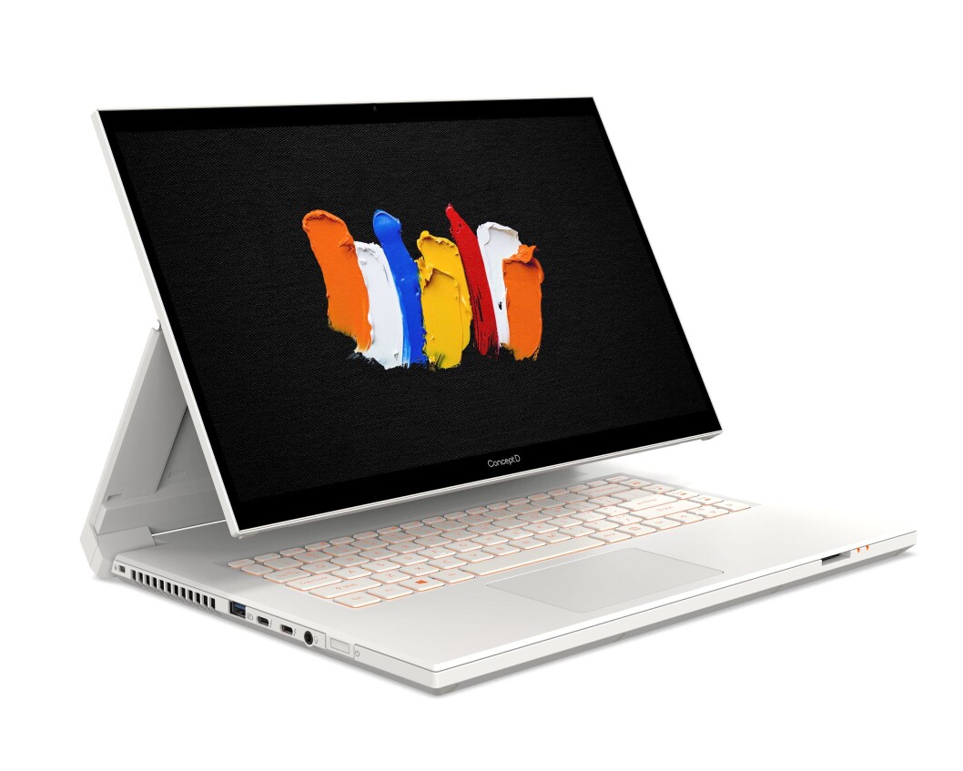 Acer ConceptD 7 Ezel har vribar skjerm, slik at brukeren kan tilpasse vinkelen etter eget ønske. Foto: Acer. Acer ConceptD 7 Ezel har vribar skjerm, slik at brukeren kan tilpasse vinkelen etter eget ønske. Foto: Acer.