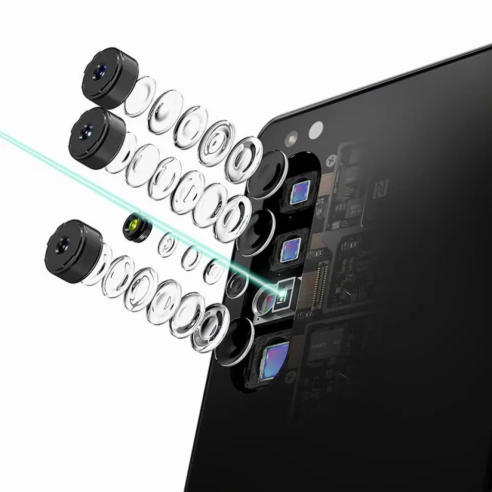 Xperia 1 II har hentet teknologi fra kameradivisjonen hos Sony, og har fått tre ulike objektiver samt en dybdesensor i sitt nye oppsett. Foto: Sony. Xperia 1 II har hentet teknologi fra kameradivisjonen hos Sony, og har fått tre ulike objektiver samt en dybdesensor i sitt nye oppsett. Foto: Sony.