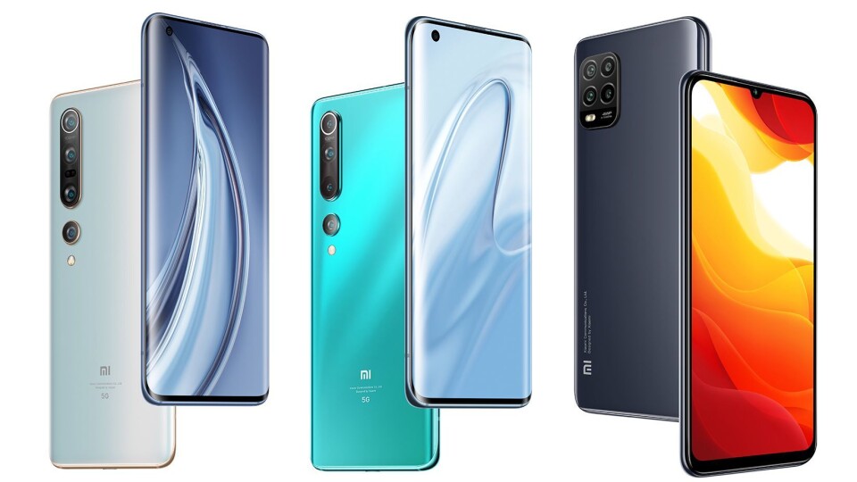 Xiaomis nye topp-serie består av tre modeller, alle med 5G-støtte. Fra venstre: Mi 10 Pro, Mi 10 og Mi 10 Lite. Foto: Xiaomi