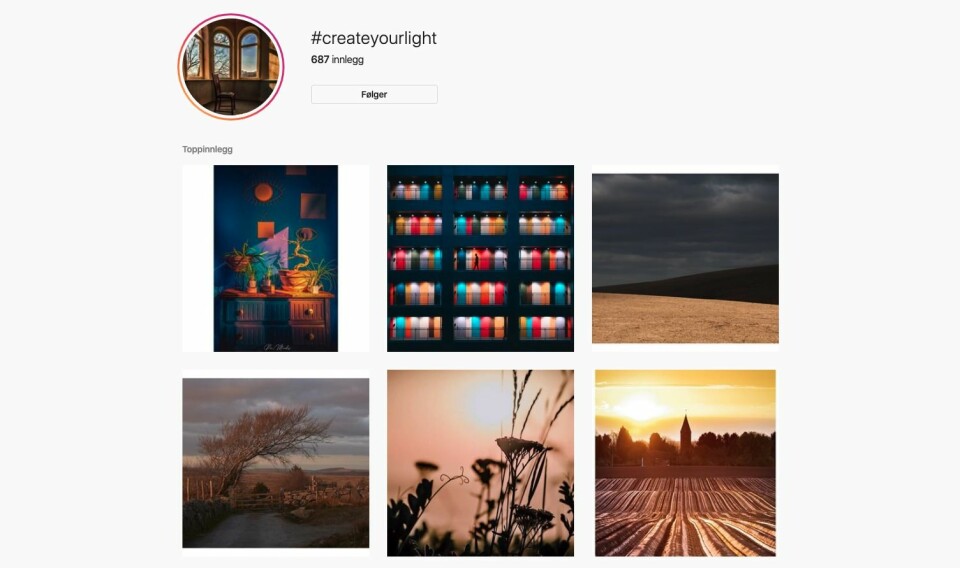 Nikon oppfordrer publikum til å dele bilder på Instagram med emneknaggen #createyourlight. Skjermdump