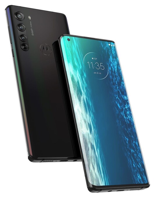 Lillebror Motorola Edge ser ganske så lik ut som Edge+, men har fått noe nedskalerte spesifikasjoner. Foto: Motorola. Lillebror Motorola Edge ser ganske så lik ut som Edge+, men har fått noe nedskalerte spesifikasjoner. Foto: Motorola.