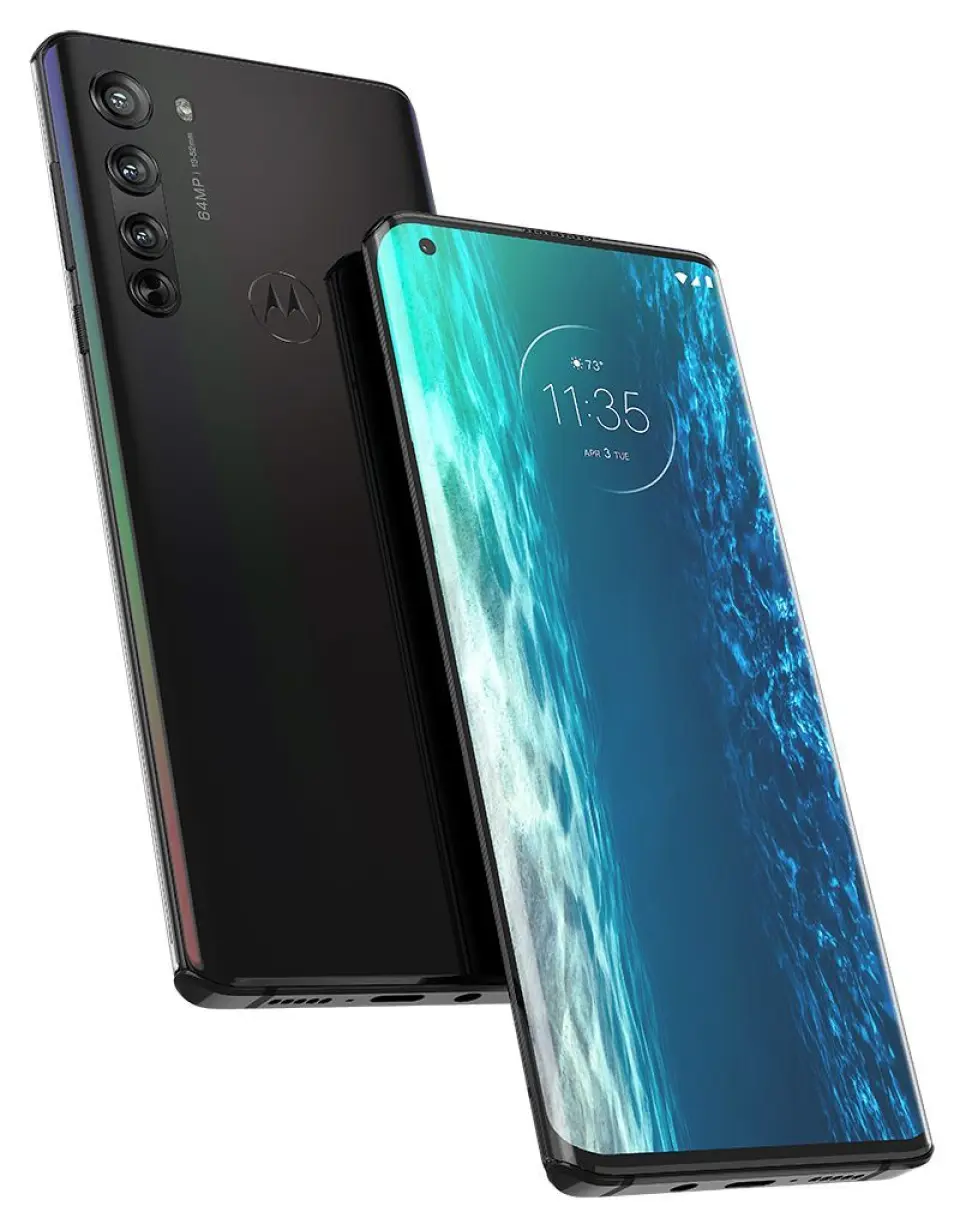 Lillebror Motorola Edge ser ganske så lik ut som Edge+, men har fått noe nedskalerte spesifikasjoner. Foto: Motorola. Lillebror Motorola Edge ser ganske så lik ut som Edge+, men har fått noe nedskalerte spesifikasjoner. Foto: Motorola.