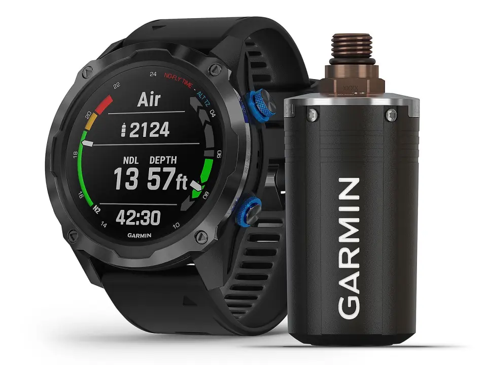 Storebror Descent Mk2i er laget i titan, og kan kobles til den trådløse senderen Descent T1, som overvåker lufttrykk i flaskene. Foto: Garmin. Storebror Descent Mk2i er laget i titan, og kan kobles til den trådløse senderen Descent T1, som overvåker lufttrykk i flaskene. Foto: Garmin.