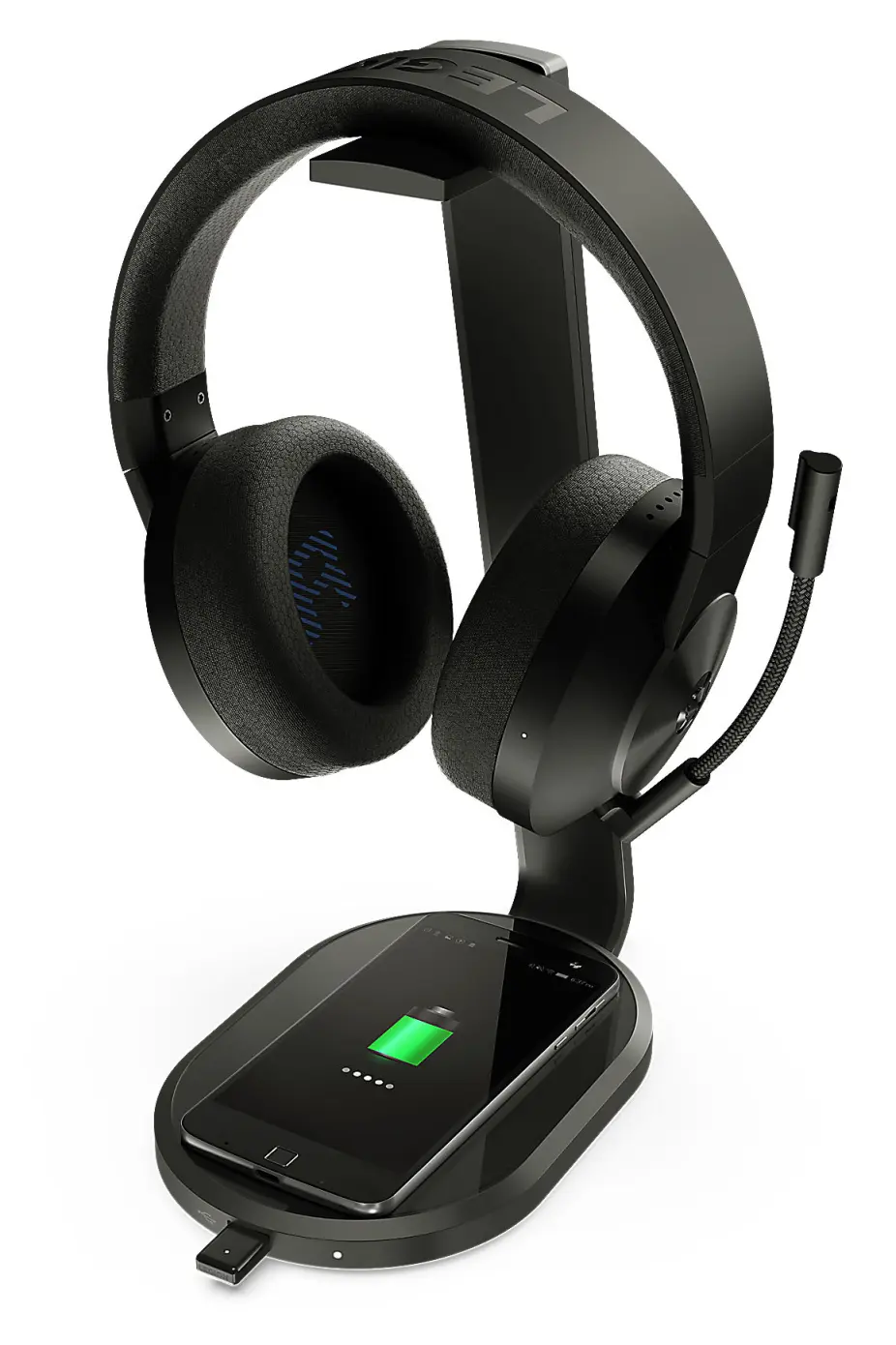 Lenovo Legion S600 Gaming Station er en ladestasjon som sørger for at det alltid er strøm på hodetelefonene, musen og mobilen så lenge de to sistnevnte støtter Qi trådløs lading. Den er kompatibel med Lenovos nye spill-headset H600 Wireless. Foto: Lenovo Lenovo Legion S600 Gaming Station er en ladestasjon som sørger for at det alltid er strøm på hodetelefonene, musen og mobilen så lenge de to sistnevnte støtter Qi trådløs lading. Den er kompatibel med Lenovos nye spill-headset H600 Wireless. Foto: Lenovo