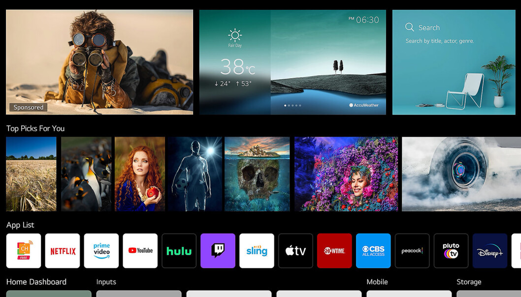 WebOS 6.0 har fått et nytt og ryddigere startskjermbilde, raskere tilgang til apper og mer personlige anbefalinger. Foto: LG WebOS 6.0 har fått et nytt og ryddigere startskjermbilde, raskere tilgang til apper og mer personlige anbefalinger. Foto: LG