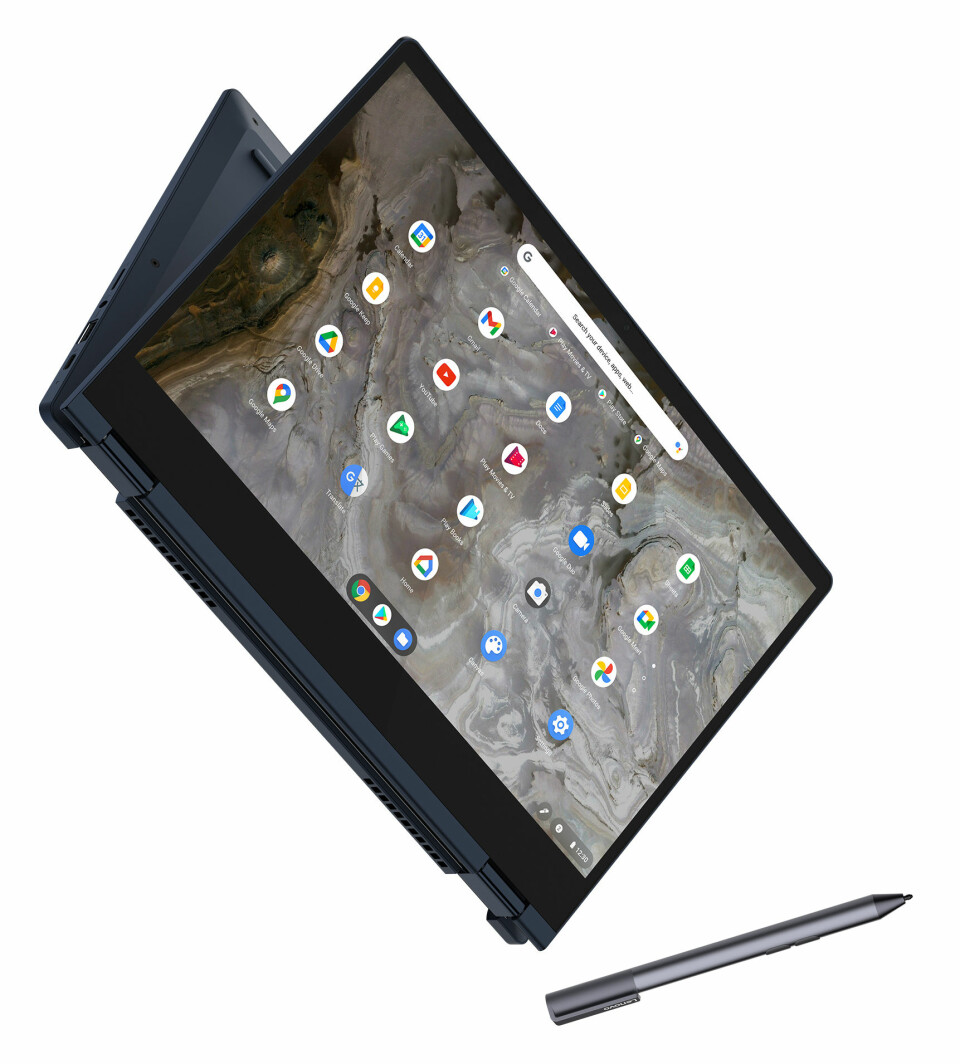 Den nye, konvertible IdeaPad Flex 5i Chromebook veier bare 1,35 kilo, og har et 360 graders hengsel som lar brukeren velge mellom ulike modus basert på sitt behov. Foto: Lenovo
