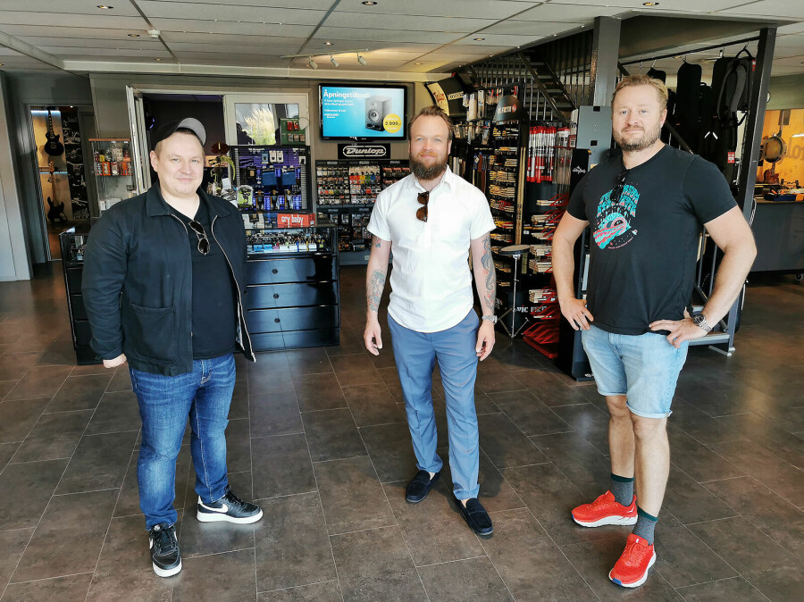 Tre av leverandørene til stede på åpningen av 4Sound Drammen: Dan Johnsen i Luthman Nordic (t. v.), Stian Sveen i Sennheiser og Torstein Vik i Polysonic Norge. Foto: Stian Sønsteng