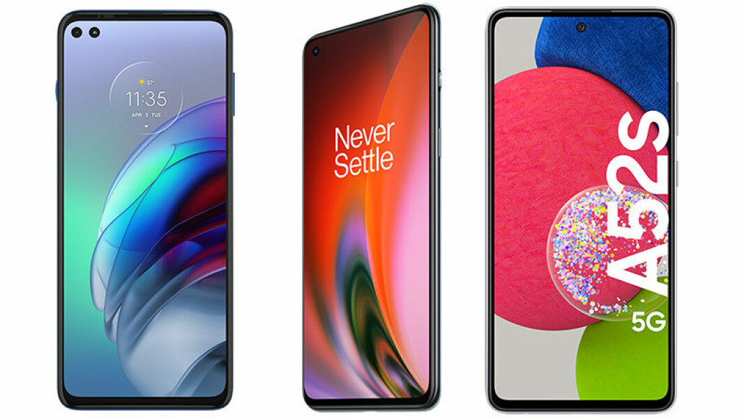 Fra venstre Motorola moto g100, OnePlus Nord 2 5G og Samsung Galaxy A52 S 5G. Foto: produsentene Fra venstre Motorola moto g100, OnePlus Nord 2 5G og Samsung Galaxy A52 S 5G. Foto: produsentene