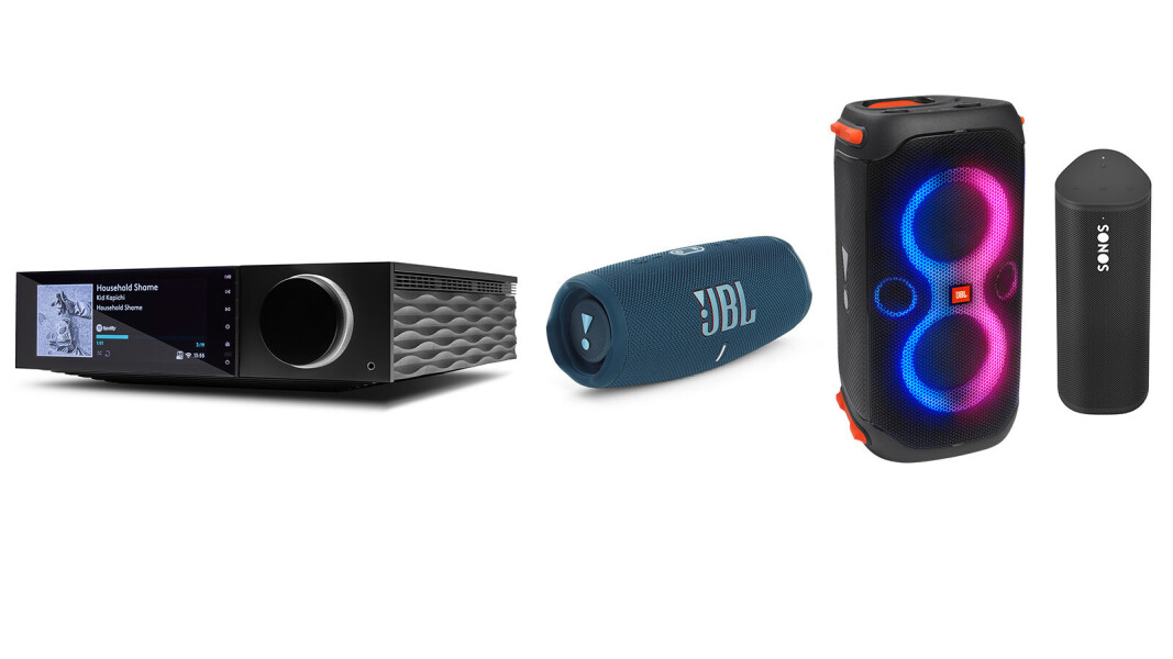 Fra venstre strømmeforsterkeren Cambridge Audio Evo 150, blåtannhøyttaleren JBL Charge 5, festhøyttaleren JBL PartyBox 110 og blåtann/wifi-høyttaleren Sonos Roam. Foto: produsentene Fra venstre strømmeforsterkeren Cambridge Audio Evo 150, blåtannhøyttaleren JBL Charge 5, festhøyttaleren JBL PartyBox 110 og blåtann/wifi-høyttaleren Sonos Roam. Foto: produsentene