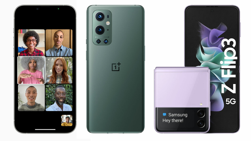 Fra venstre Apple iPhone 13 Pro, OnePlus 9 Pro og Samsung Galaxy Z Flip 3. Foto: produsentene Fra venstre Apple iPhone 13 Pro, OnePlus 9 Pro og Samsung Galaxy Z Flip 3. Foto: produsentene