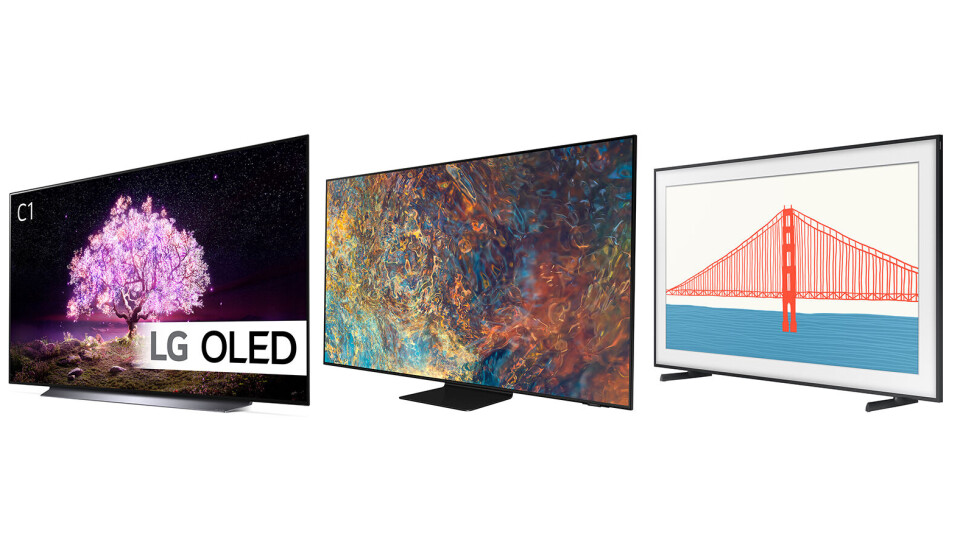 Fra venstre LG OLED C1, Samsung Neo QLED QN90A og Samsung The Frame LS03A. Foto: produsentene