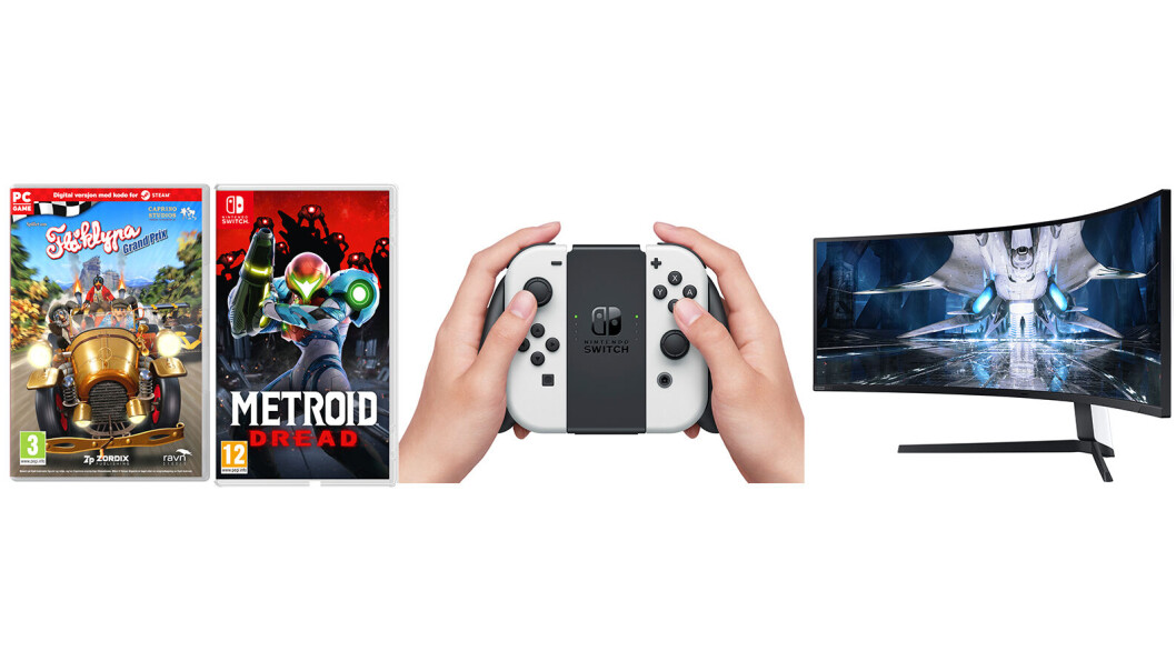 Fra venstre Flåklypa Grand Prix, Metroid Dread, Nintendo Switch OLED og Samsung Odyssey Neo G9 S49AG. Foto: produsentene Fra venstre Flåklypa Grand Prix, Metroid Dread, Nintendo Switch OLED og Samsung Odyssey Neo G9 S49AG. Foto: produsentene