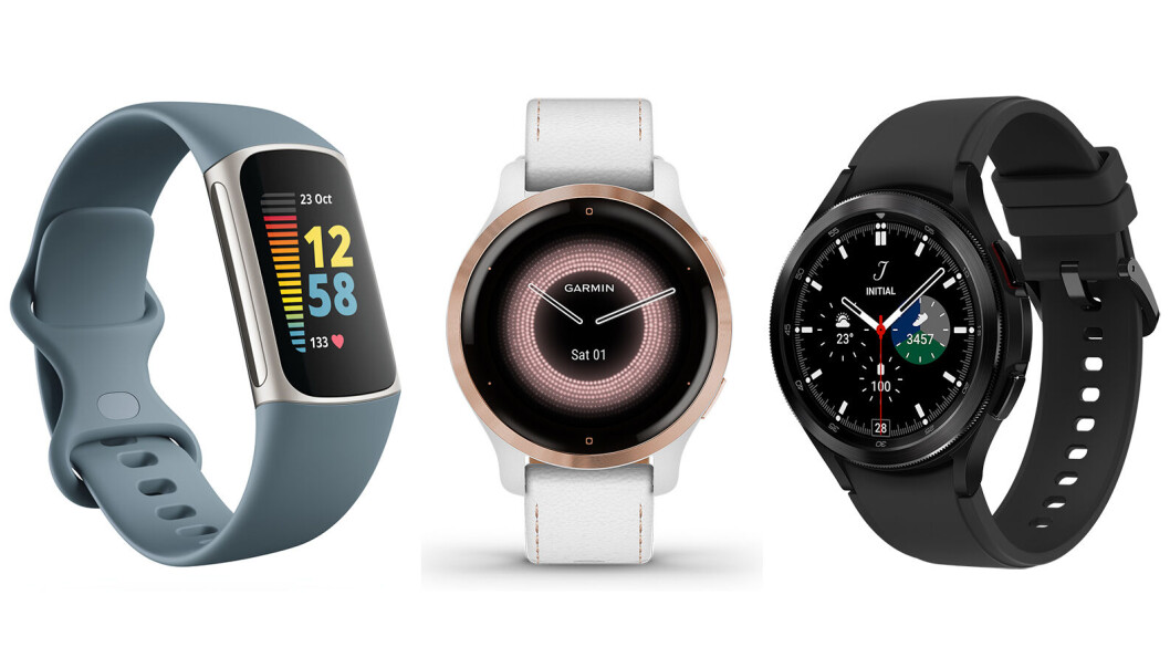 Fra venstre Fitbit Charge 5, Garmin Venu 2S og Samsung Galaxy Watch 4 Classic. Foto: produsentene Fra venstre Fitbit Charge 5, Garmin Venu 2S og Samsung Galaxy Watch 4 Classic. Foto: produsentene