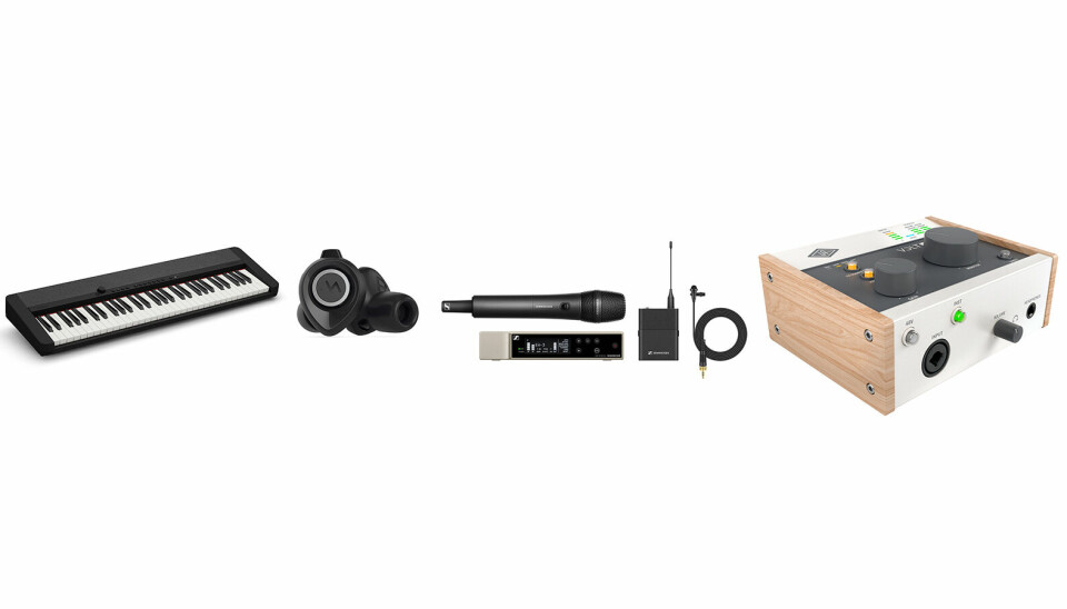 Fra venstre Casio CT-S1, Minuendo ørepropper, Sennheisers EW-D og Universal Audio Volt. Foto: produsentene