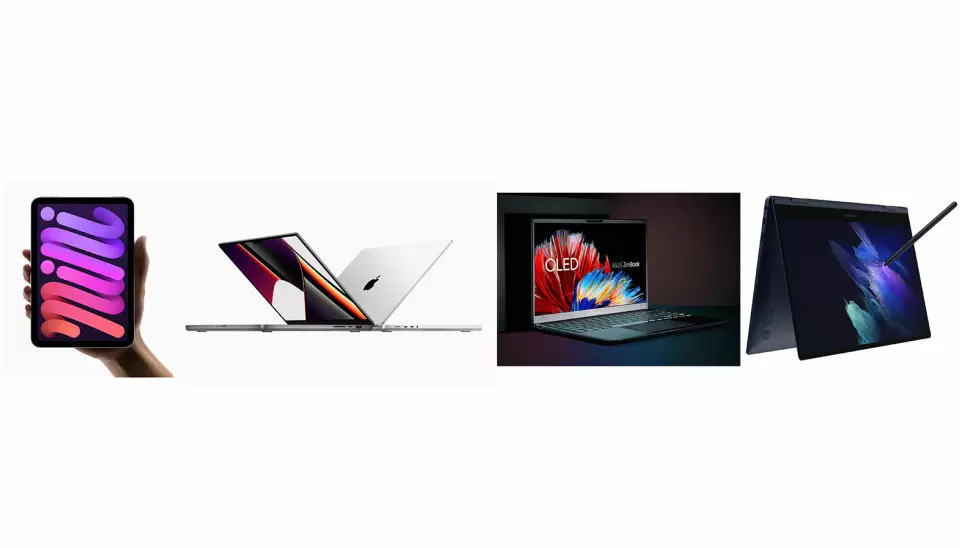 Fra venstre Apple iPad Mini, Apple MacBook Pro 14', Asus ZenBook OLED og Samsung Galaxy Book Pro 360. Foto: produsentene