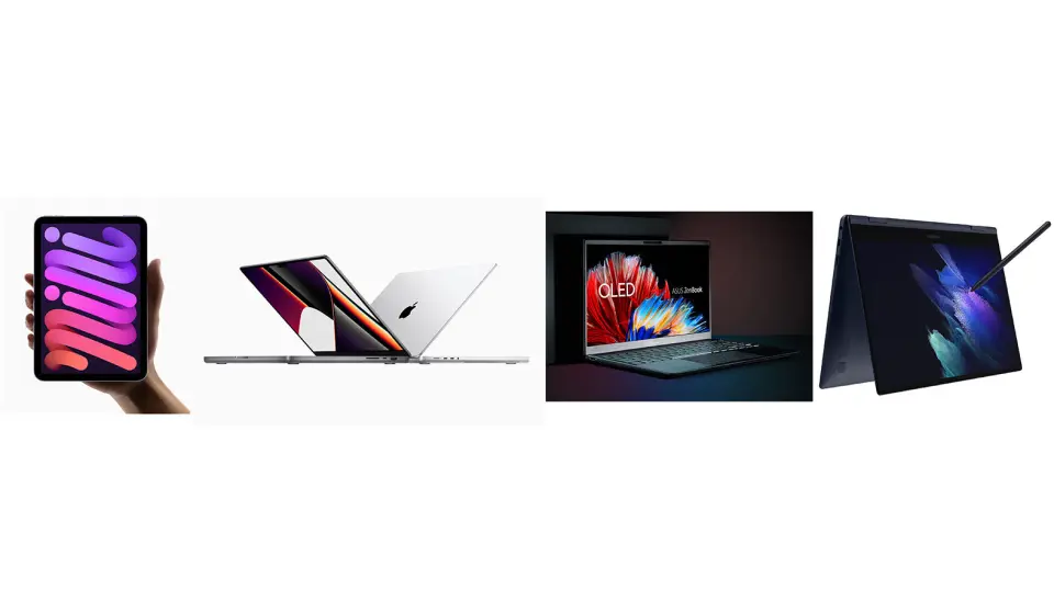 Fra venstre Apple iPad Mini, Apple MacBook Pro 14', Asus ZenBook OLED og Samsung Galaxy Book Pro 360. Foto: produsentene Fra venstre Apple iPad Mini, Apple MacBook Pro 14', Asus ZenBook OLED og Samsung Galaxy Book Pro 360. Foto: produsentene