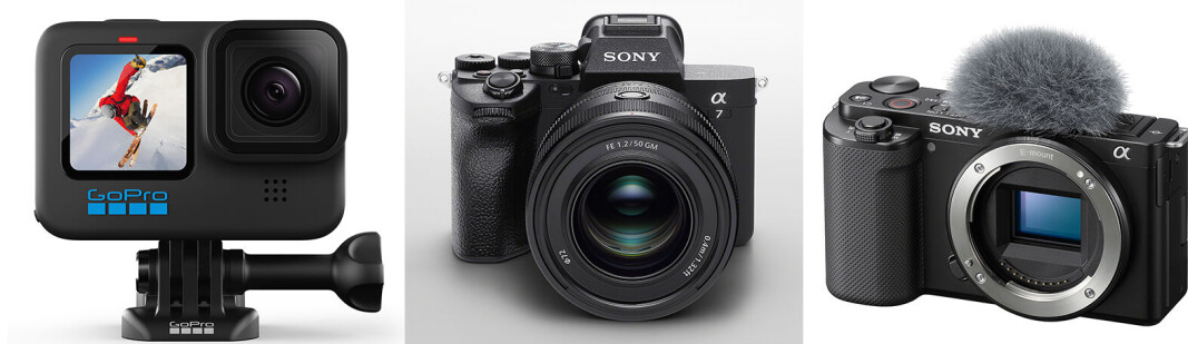 Fra venstre GoPro HERO10, Sony A7 IV og Sony ZV-E10. Foto: produsentene Fra venstre GoPro HERO10, Sony A7 IV og Sony ZV-E10. Foto: produsentene